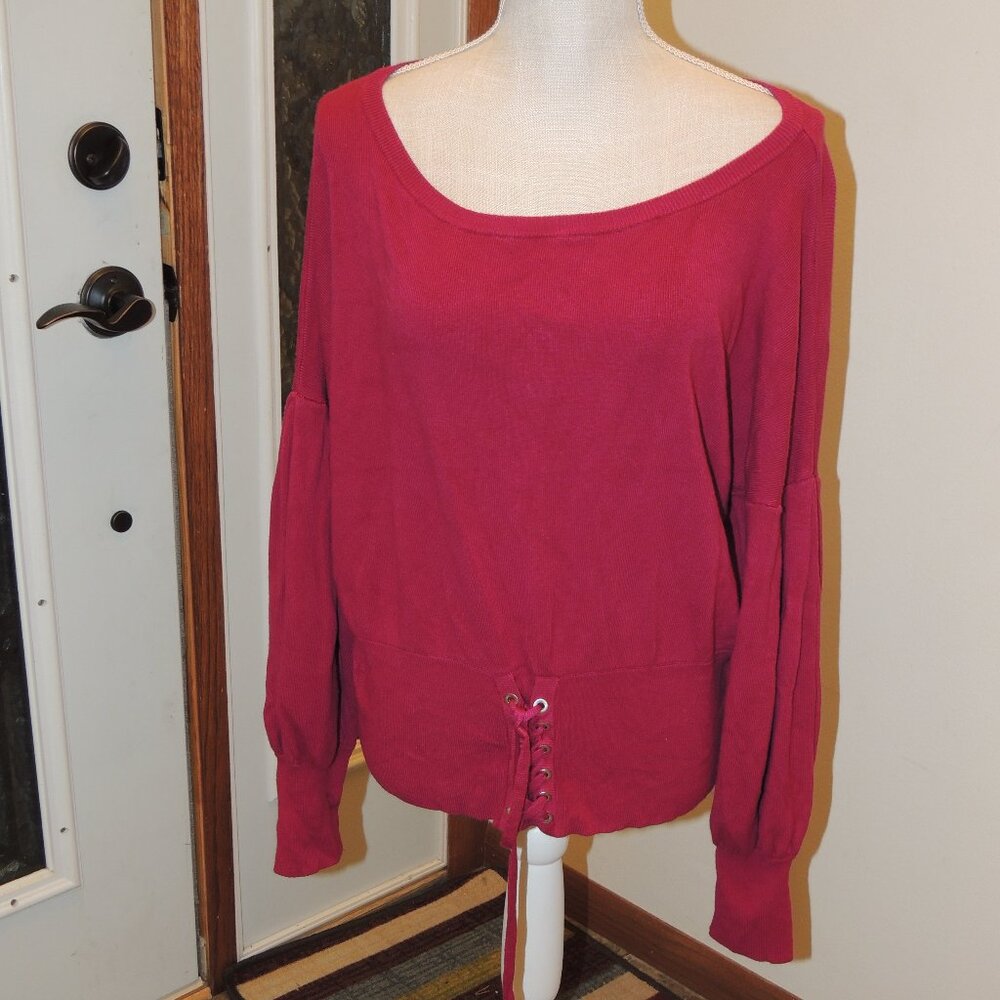 Express Burgundy Lace-Up Waist Knit Top | Long Sleeve Scoop Neck | Size M